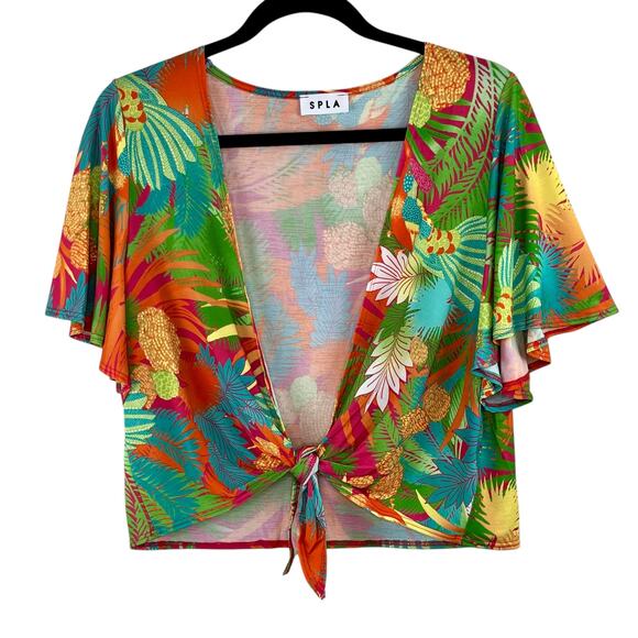 Green Multicolor Tropical Print Tie Front Flutter Sleeve Cropped Top Plus 1X NWT - Picture 2 of 13